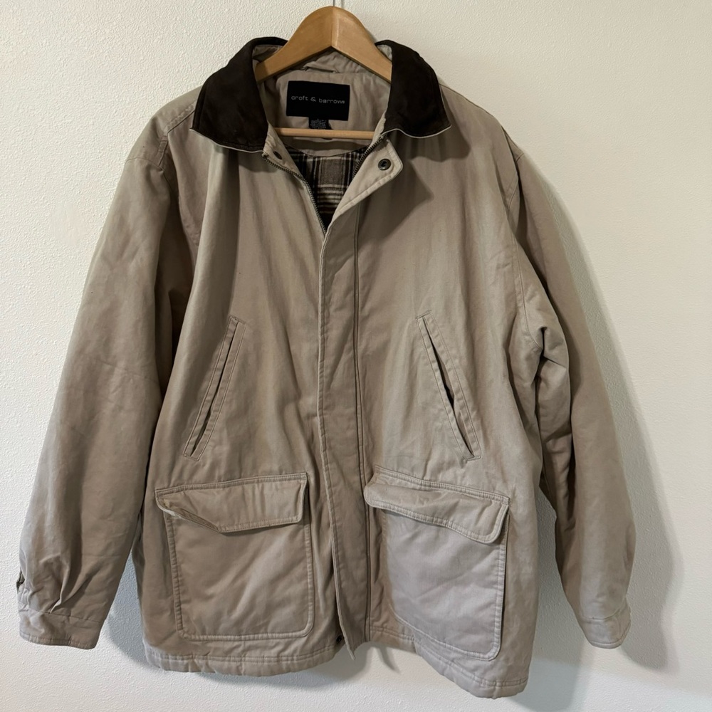 Croft & Barrow Flannel Lined Cotton Chore Coat Jacket Khaki Leather Collar-Large